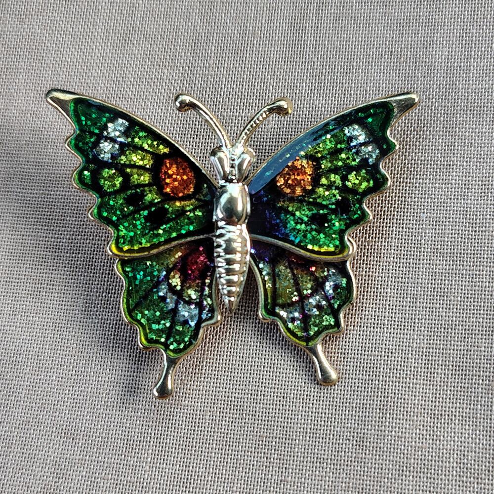 Butterfly Pin Brooch Gold Tone & Colorful Green Red Yellow Lightweight